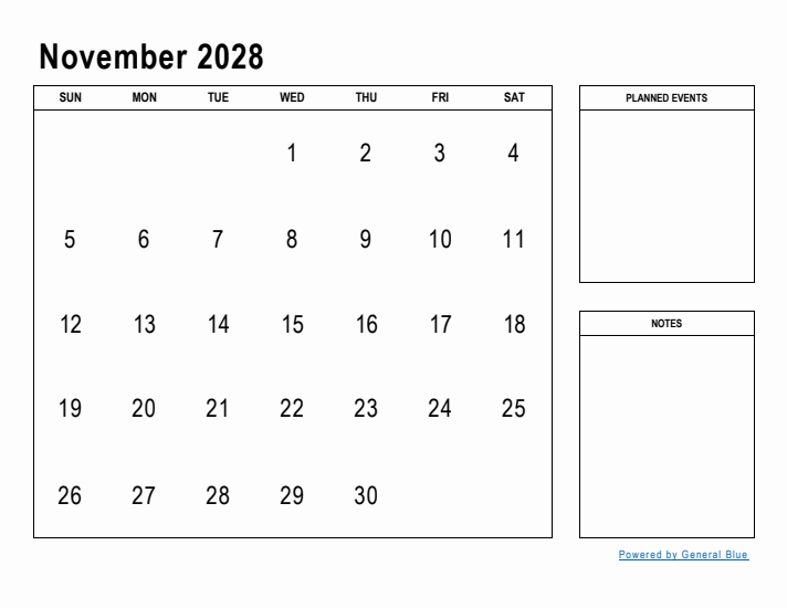 November 2028 Calendar Planner