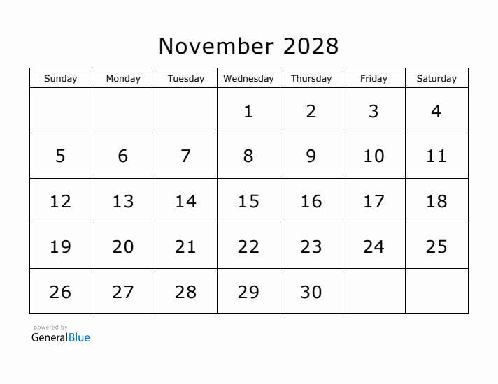 Printable November 2028 Calendar - Sunday Start