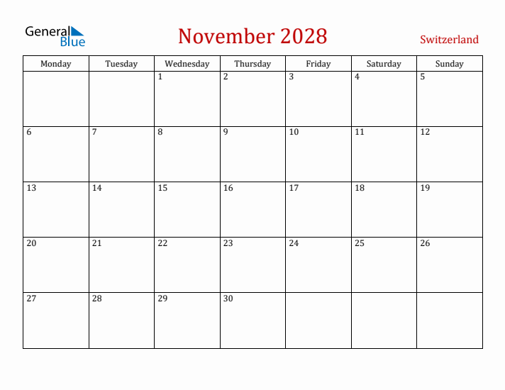 Switzerland November 2028 Calendar - Monday Start