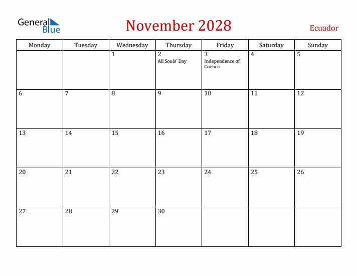 Ecuador November 2028 Calendar - Monday Start