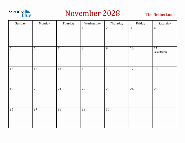 The Netherlands November 2028 Calendar - Sunday Start