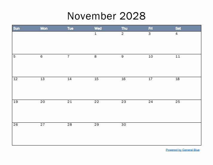 November 2028 Simple Month Calendar Template