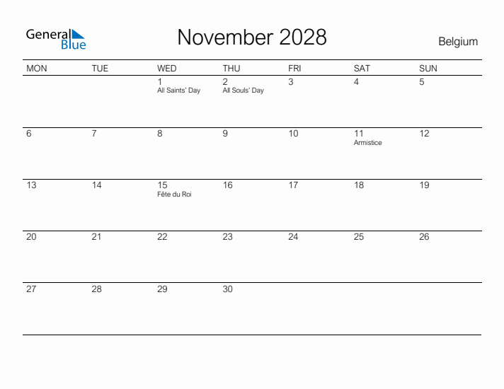 Printable November 2028 Calendar for Belgium