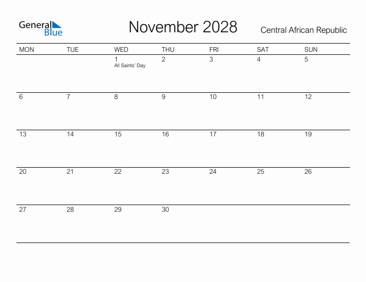 Printable November 2028 Calendar for Central African Republic