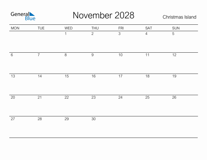 Printable November 2028 Calendar for Christmas Island