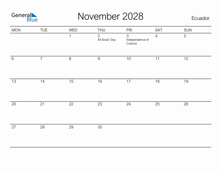 Printable November 2028 Calendar for Ecuador