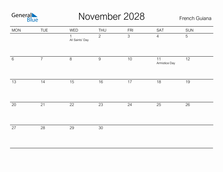 Printable November 2028 Calendar for French Guiana