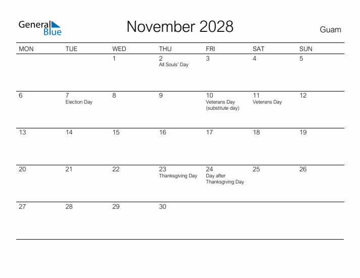 Printable November 2028 Calendar for Guam