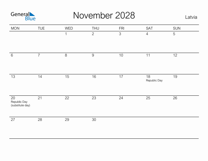 Printable November 2028 Calendar for Latvia