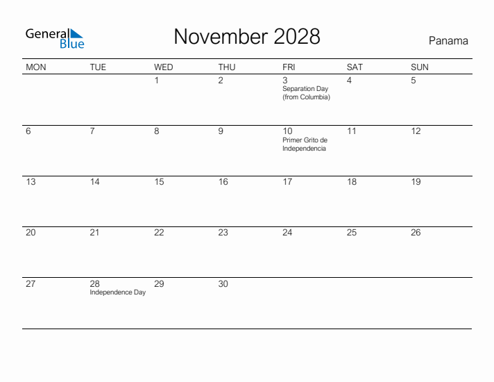 Printable November 2028 Calendar for Panama