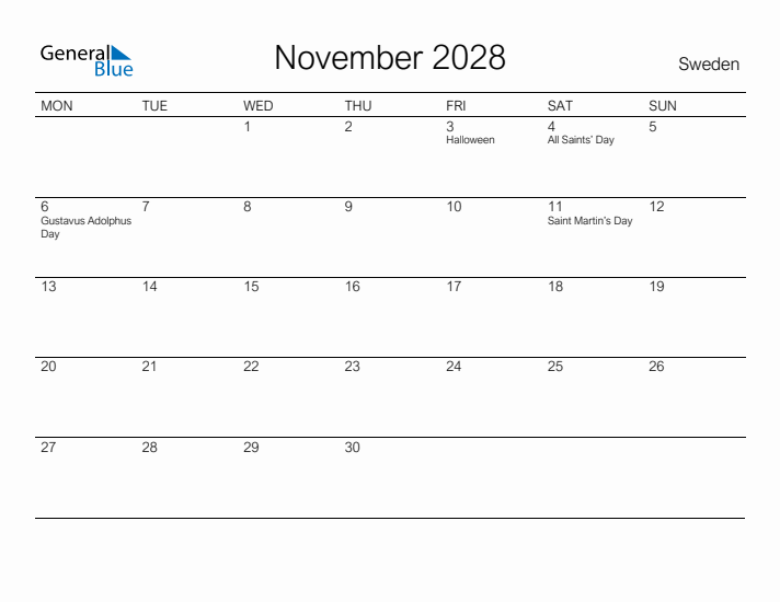 Printable November 2028 Calendar for Sweden