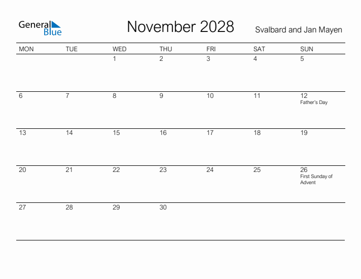 Printable November 2028 Calendar for Svalbard and Jan Mayen