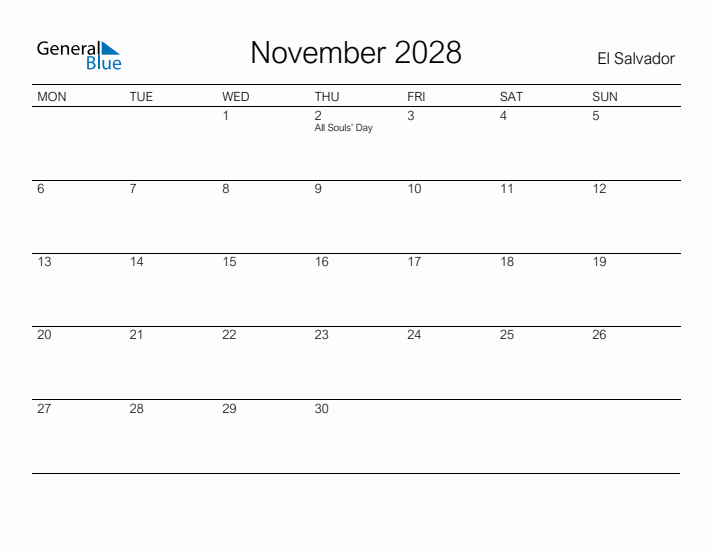 Printable November 2028 Calendar for El Salvador