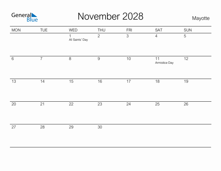 Printable November 2028 Calendar for Mayotte