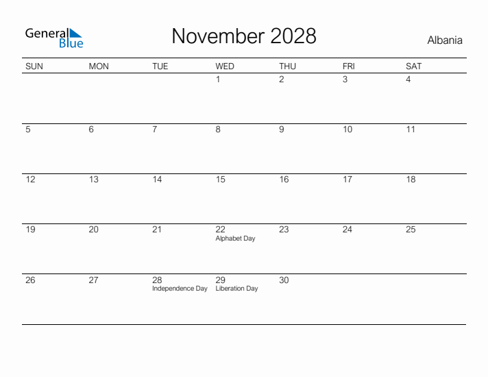 Printable November 2028 Calendar for Albania