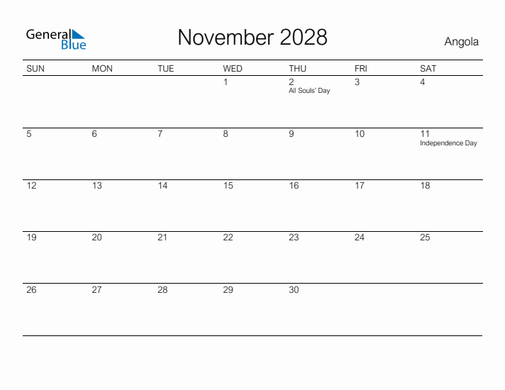 Printable November 2028 Calendar for Angola