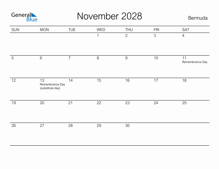 Printable November 2028 Calendar for Bermuda