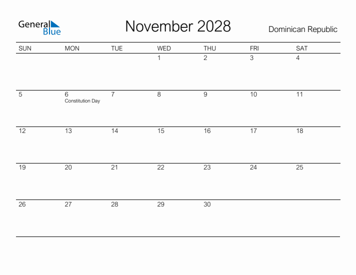 Printable November 2028 Calendar for Dominican Republic