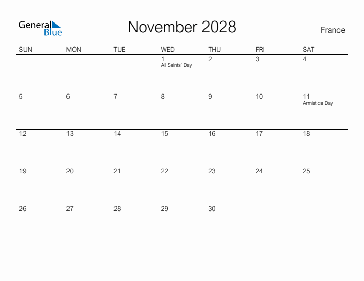 Printable November 2028 Calendar for France