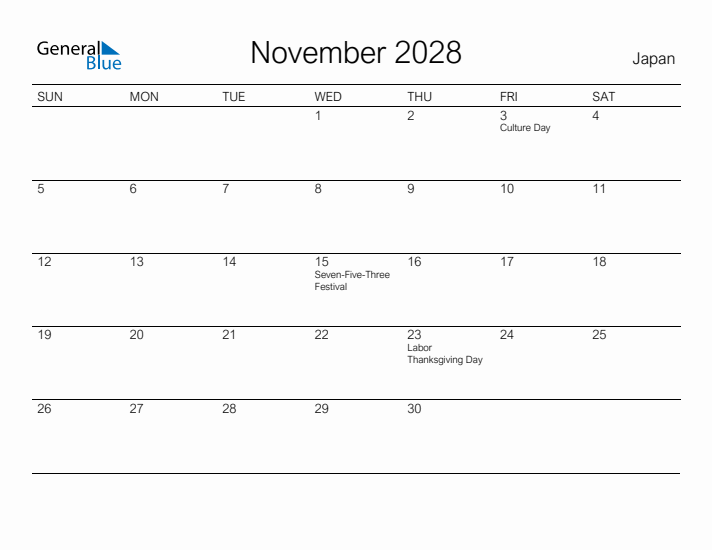 Printable November 2028 Calendar for Japan