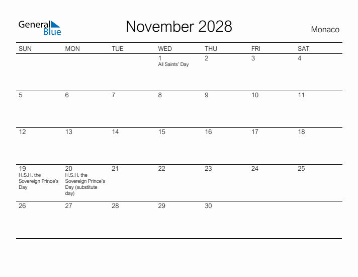 Printable November 2028 Calendar for Monaco