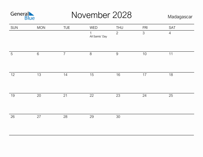 Printable November 2028 Calendar for Madagascar