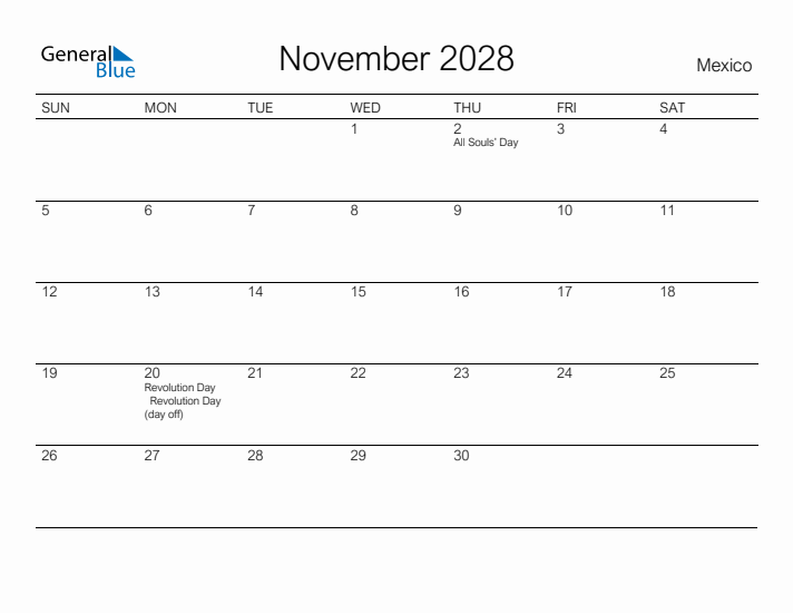 Printable November 2028 Calendar for Mexico