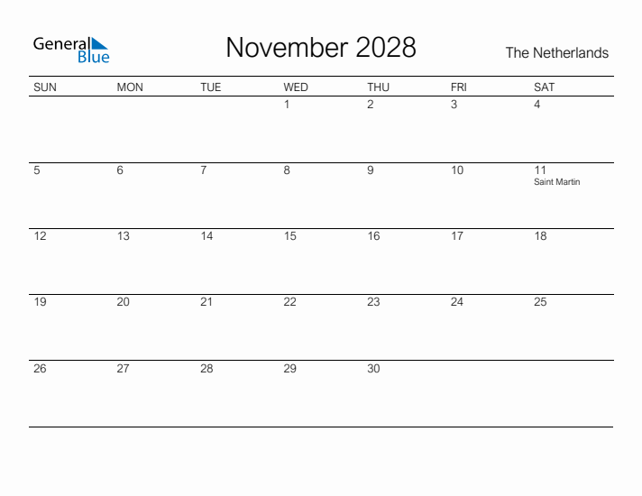 Printable November 2028 Calendar for The Netherlands