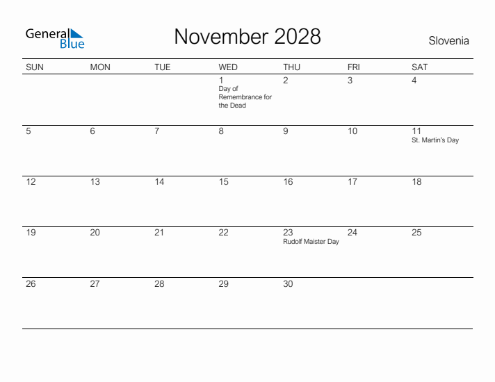 Printable November 2028 Calendar for Slovenia