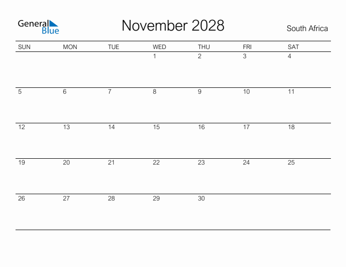 Printable November 2028 Calendar for South Africa