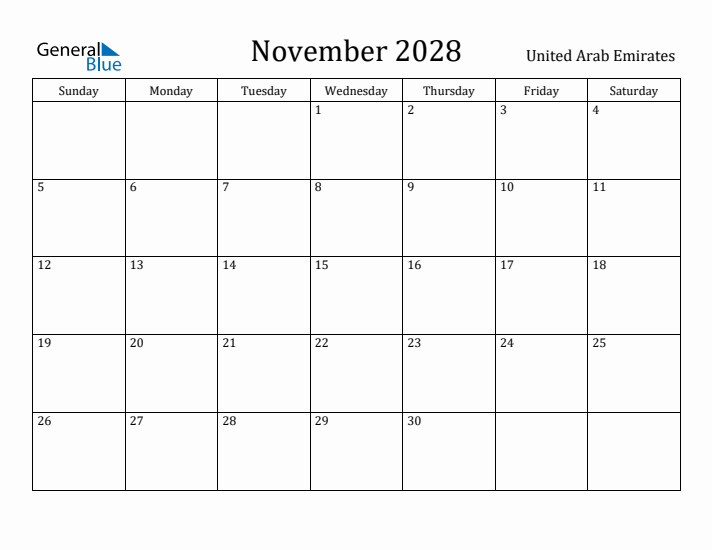 November 2028 Calendar United Arab Emirates