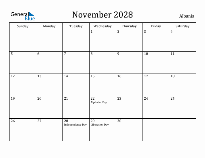 November 2028 Calendar Albania