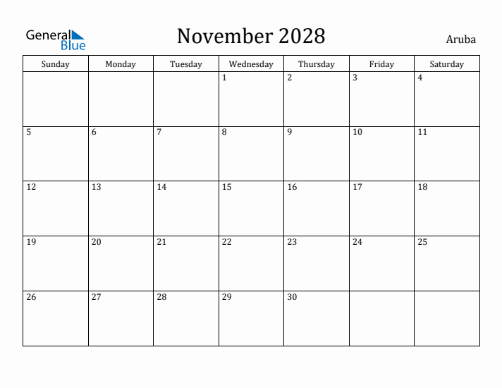 November 2028 Calendar Aruba