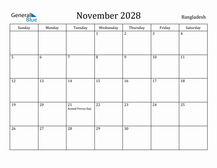 November 2028 Calendar Bangladesh