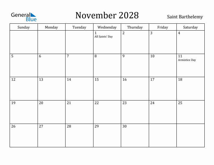 November 2028 Calendar Saint Barthelemy