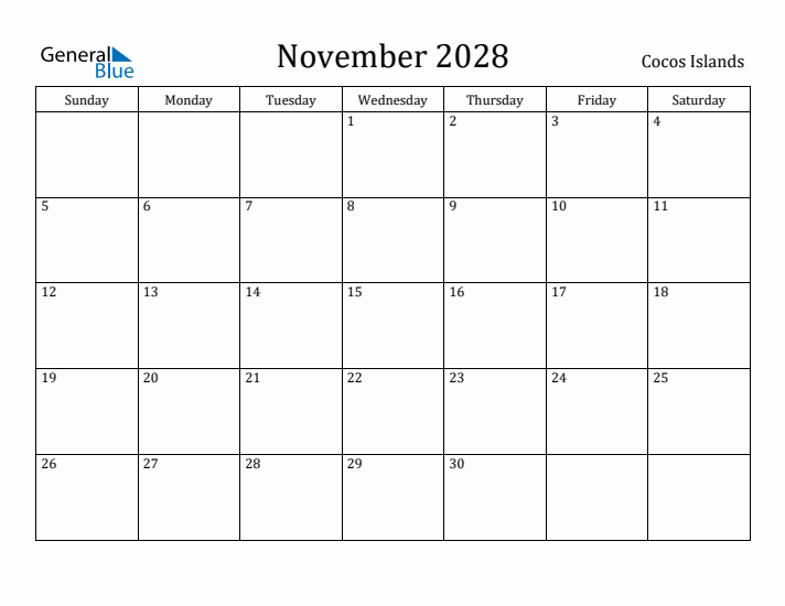 November 2028 Calendar Cocos Islands