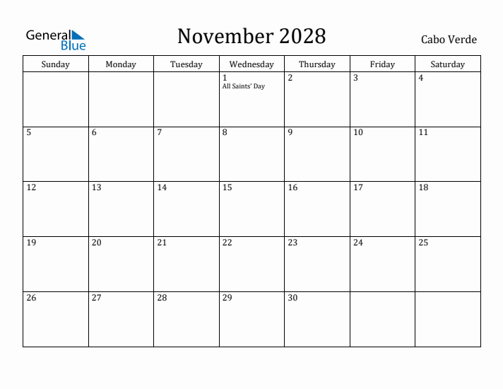 November 2028 Calendar Cabo Verde