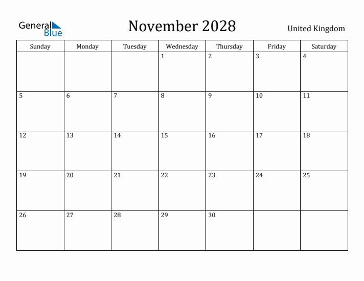 November 2028 Calendar United Kingdom