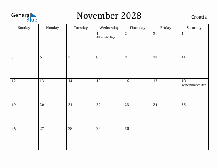 November 2028 Calendar Croatia