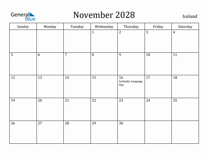 November 2028 Calendar Iceland