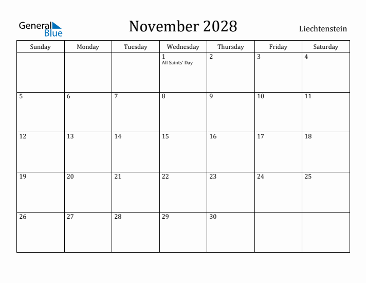 November 2028 Calendar Liechtenstein