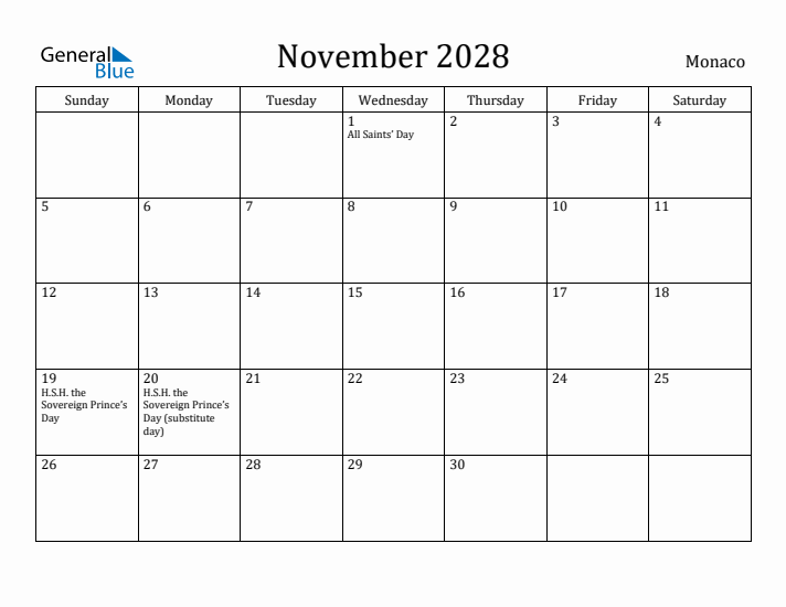 November 2028 Calendar Monaco