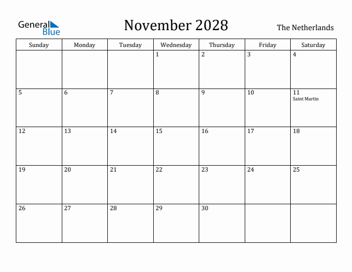 November 2028 Calendar The Netherlands