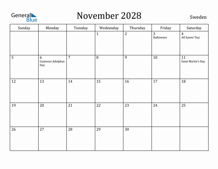 November 2028 Calendar Sweden