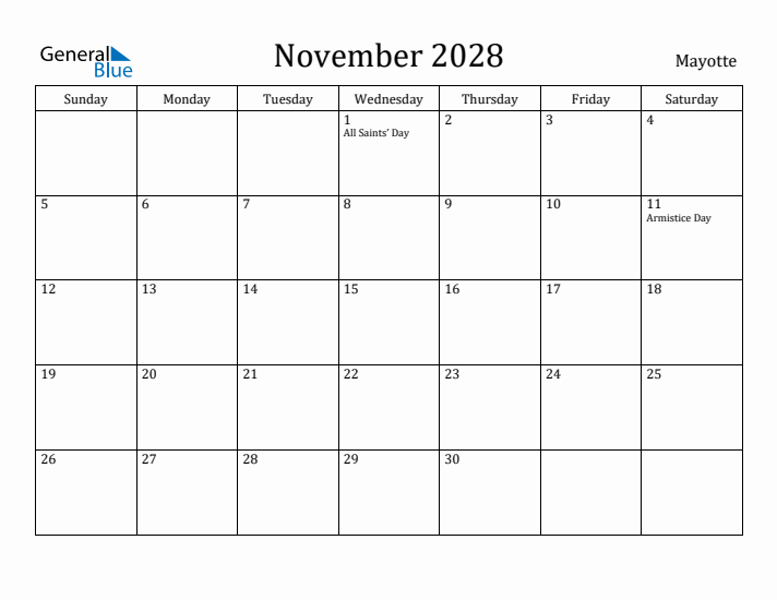 November 2028 Calendar Mayotte