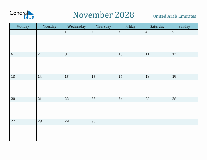 November 2028 Calendar with Holidays