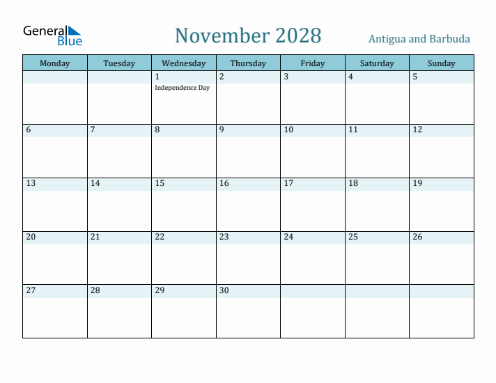 November 2028 Calendar with Holidays