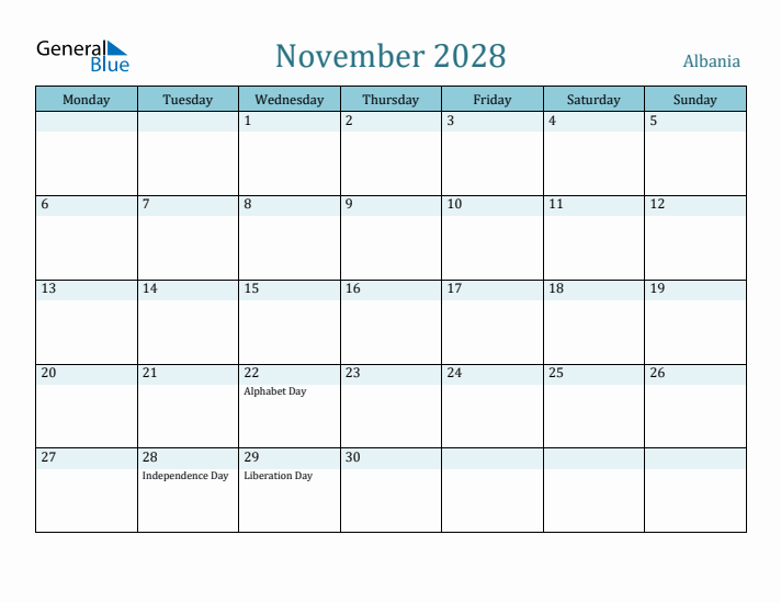 November 2028 Calendar with Holidays