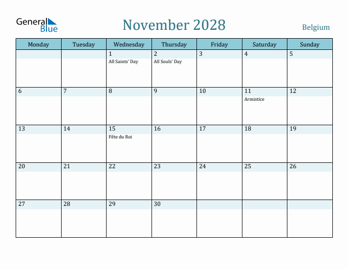 November 2028 Calendar with Holidays