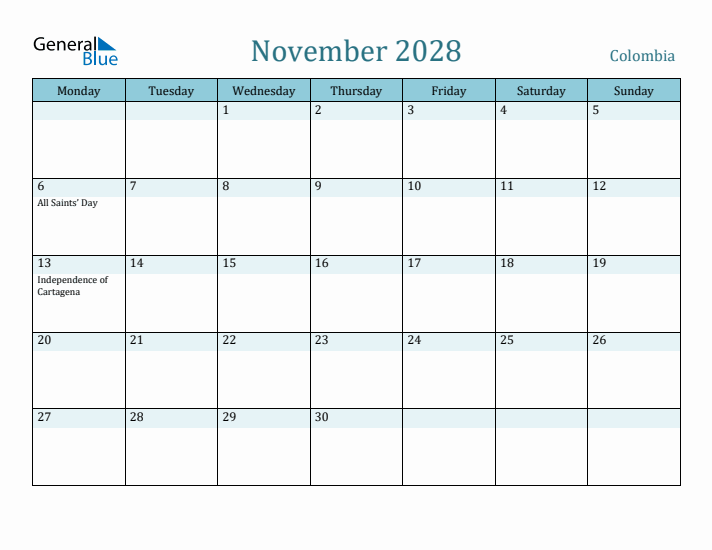 November 2028 Calendar with Holidays